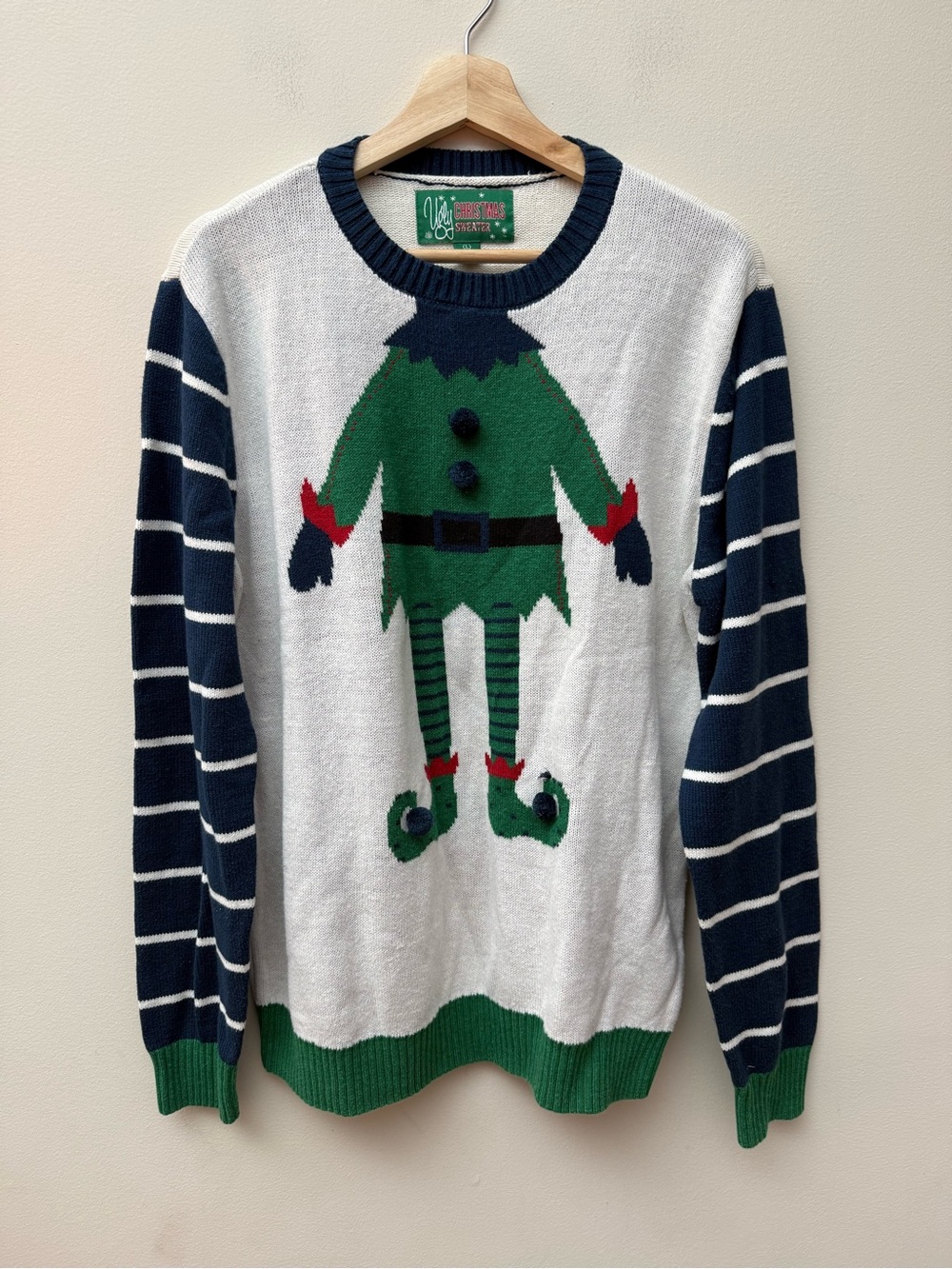 Ugly Christmas Sweater Green Elf Crewneck with Navy Striped Sleeves